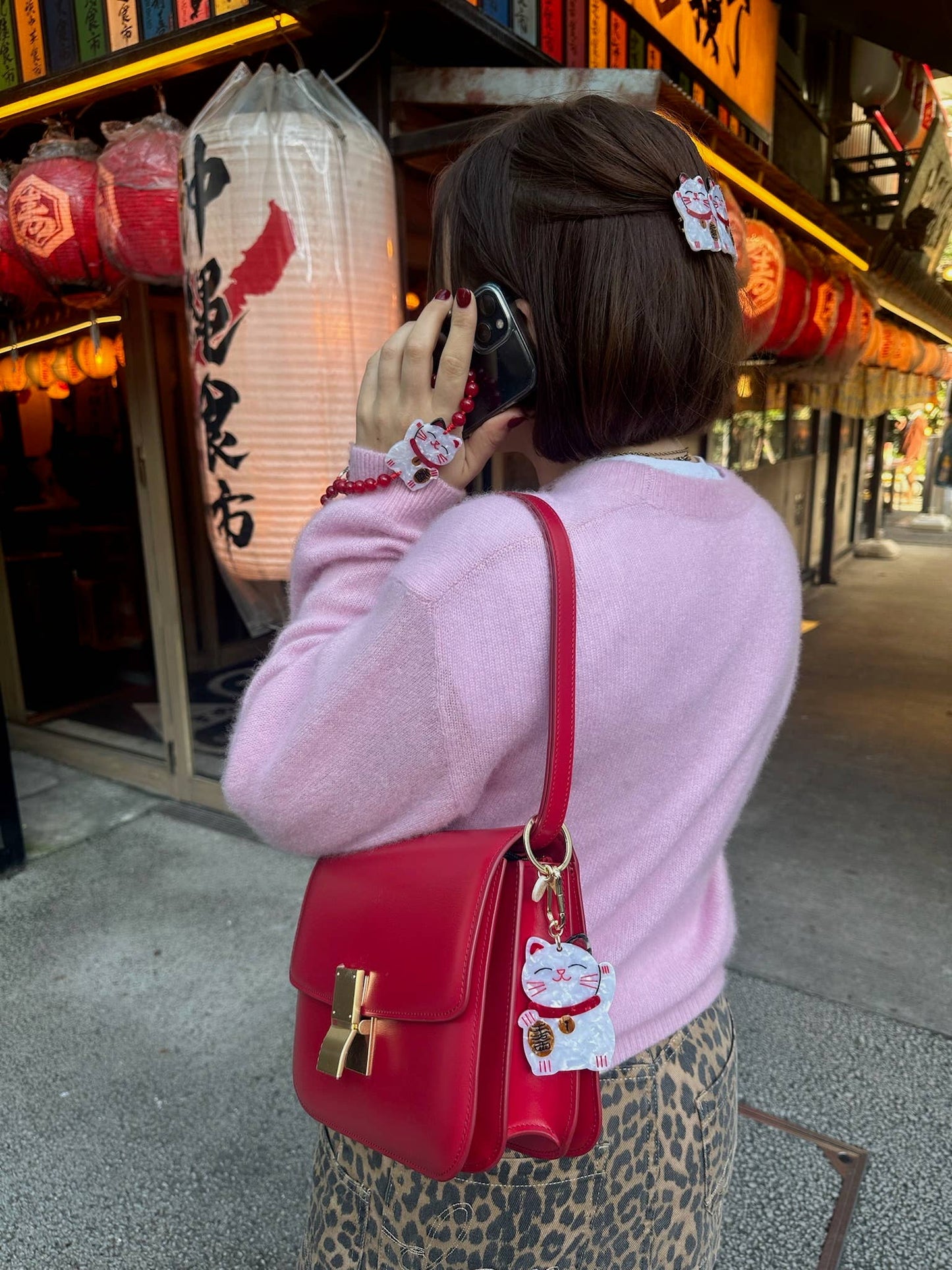 Hand-painted Maneki Neko Lucky Cat Bag Charm & Keychain | Eco-Friendly