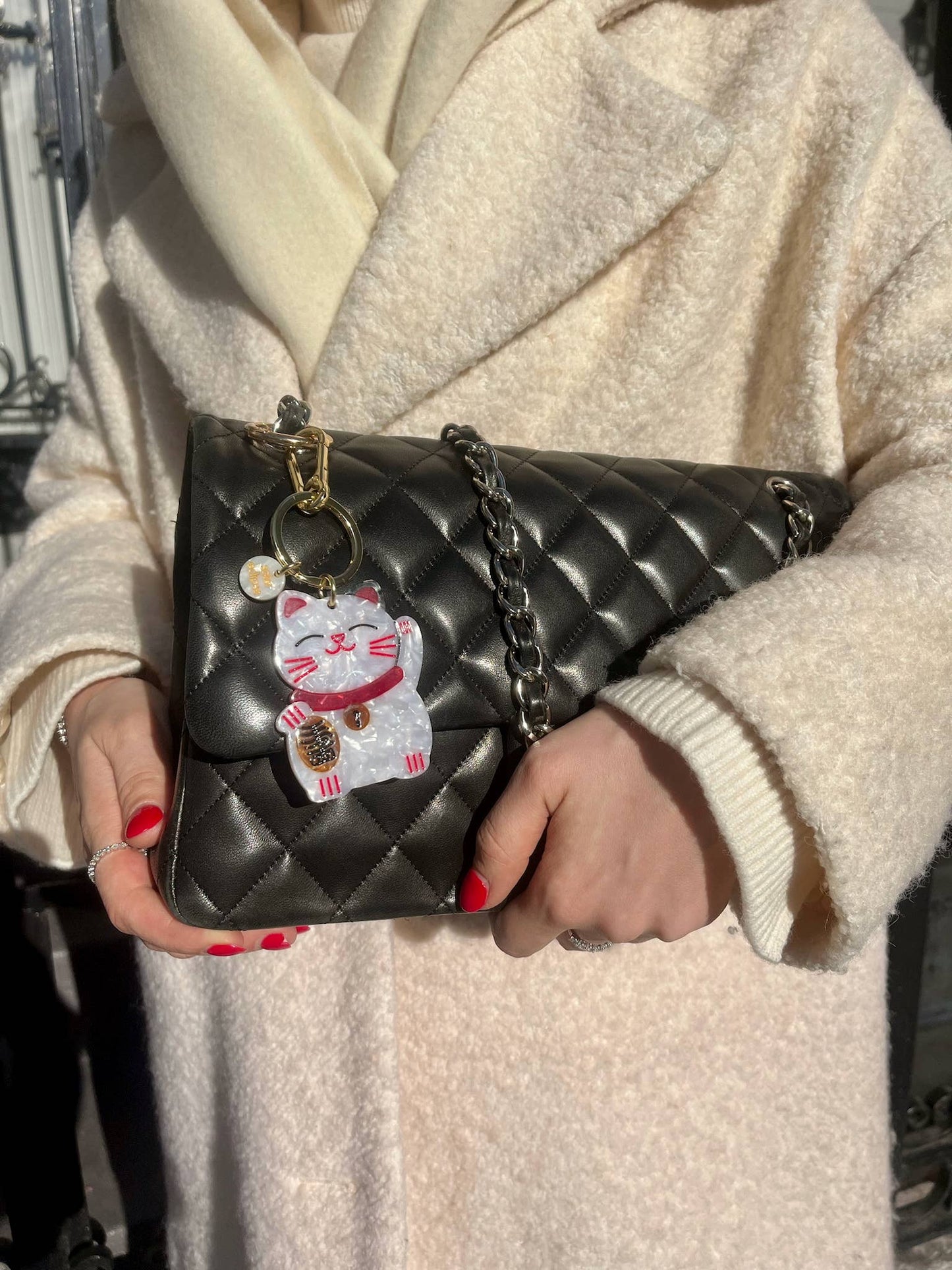 Hand-painted Maneki Neko Lucky Cat Bag Charm & Keychain | Eco-Friendly