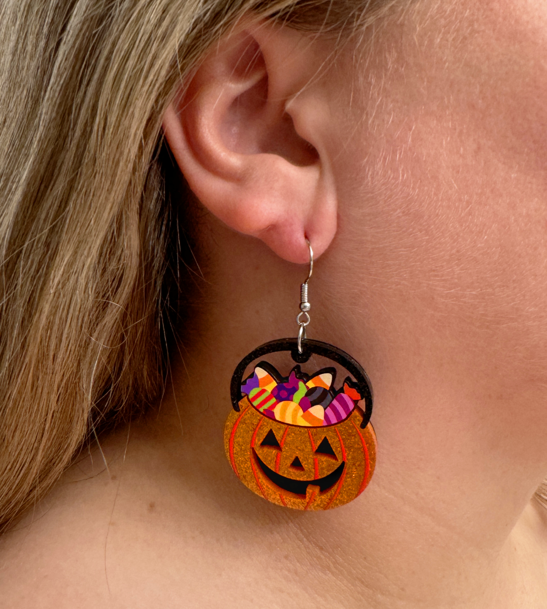 Trick-or-Treat Jack-O-Lantern Pail Earrings Halloween Spooky