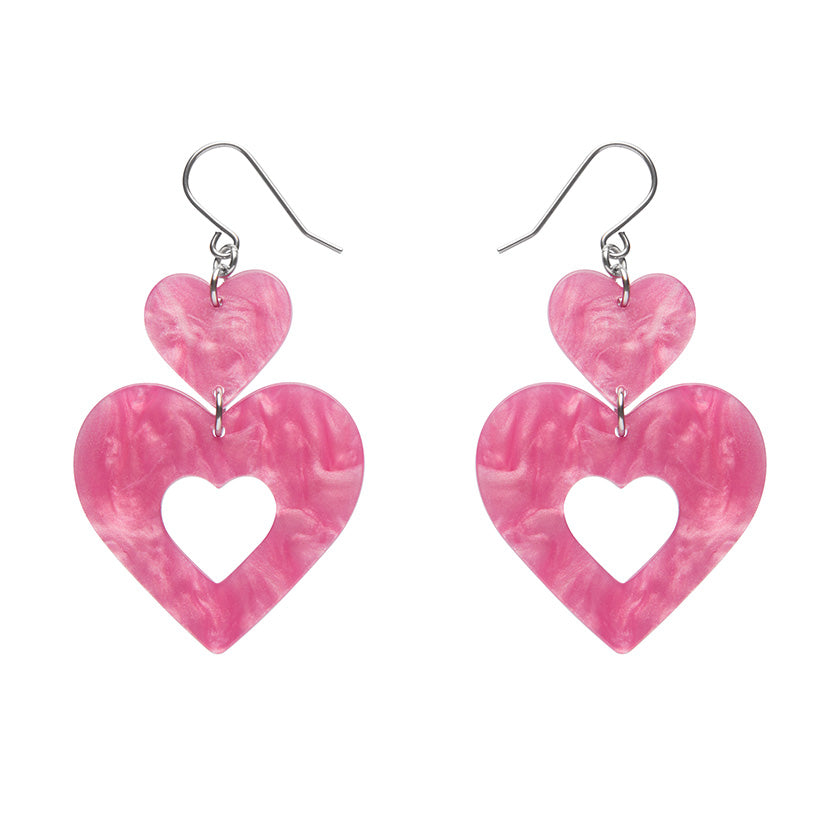 Double Heart Ripple Drop Earrings - Pink
