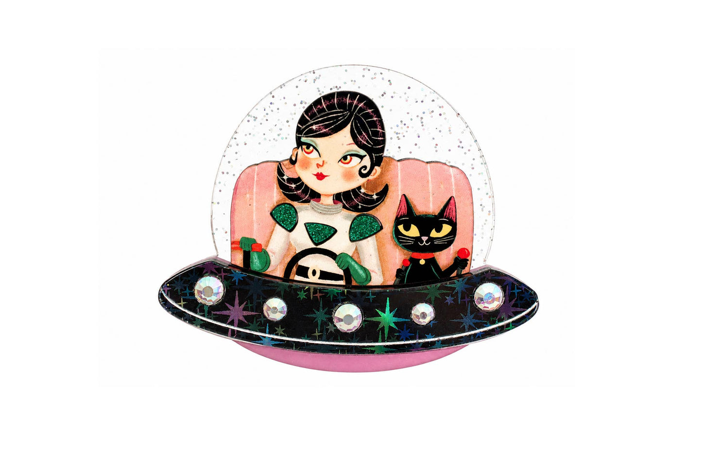 UFO brooch with girl and space