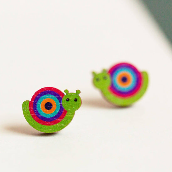 Rainbow snails - wooden stud earrings