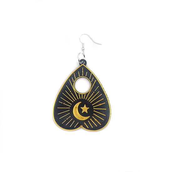 Ouija Planchette Black and Gold Earrings 3D Printed