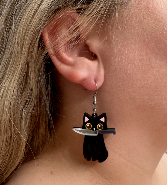 Spooky Black Cat with Knife Earrings- Halloween Spooky Cute