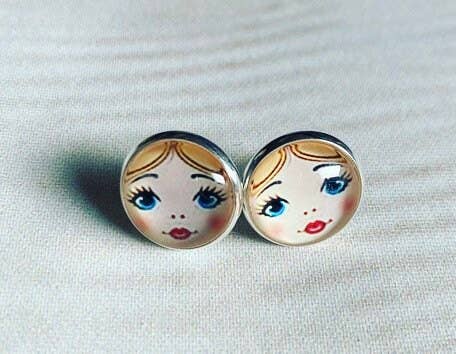 Doll Face Earrings glass silver plated 3 hair colours