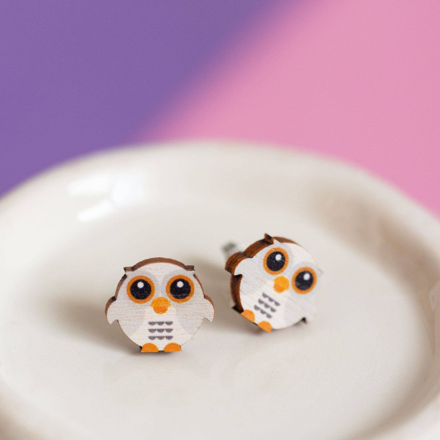 Barn Owl - Little Round Birds - Eco friendly wooden stud earrings