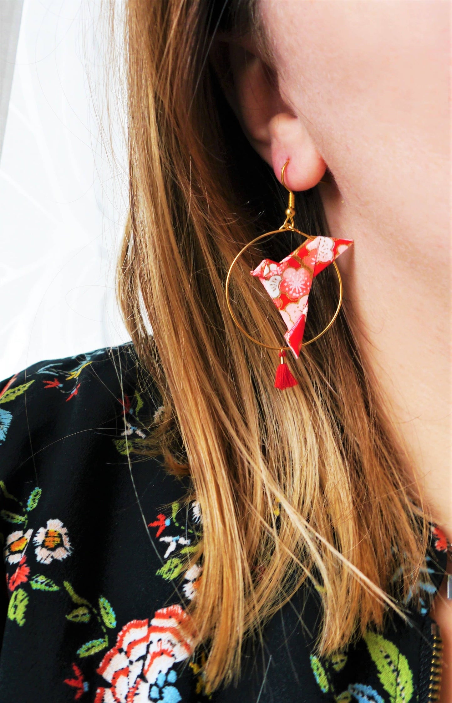 Origami Hoop Earrings - Doves and Tassels - Red Flowery