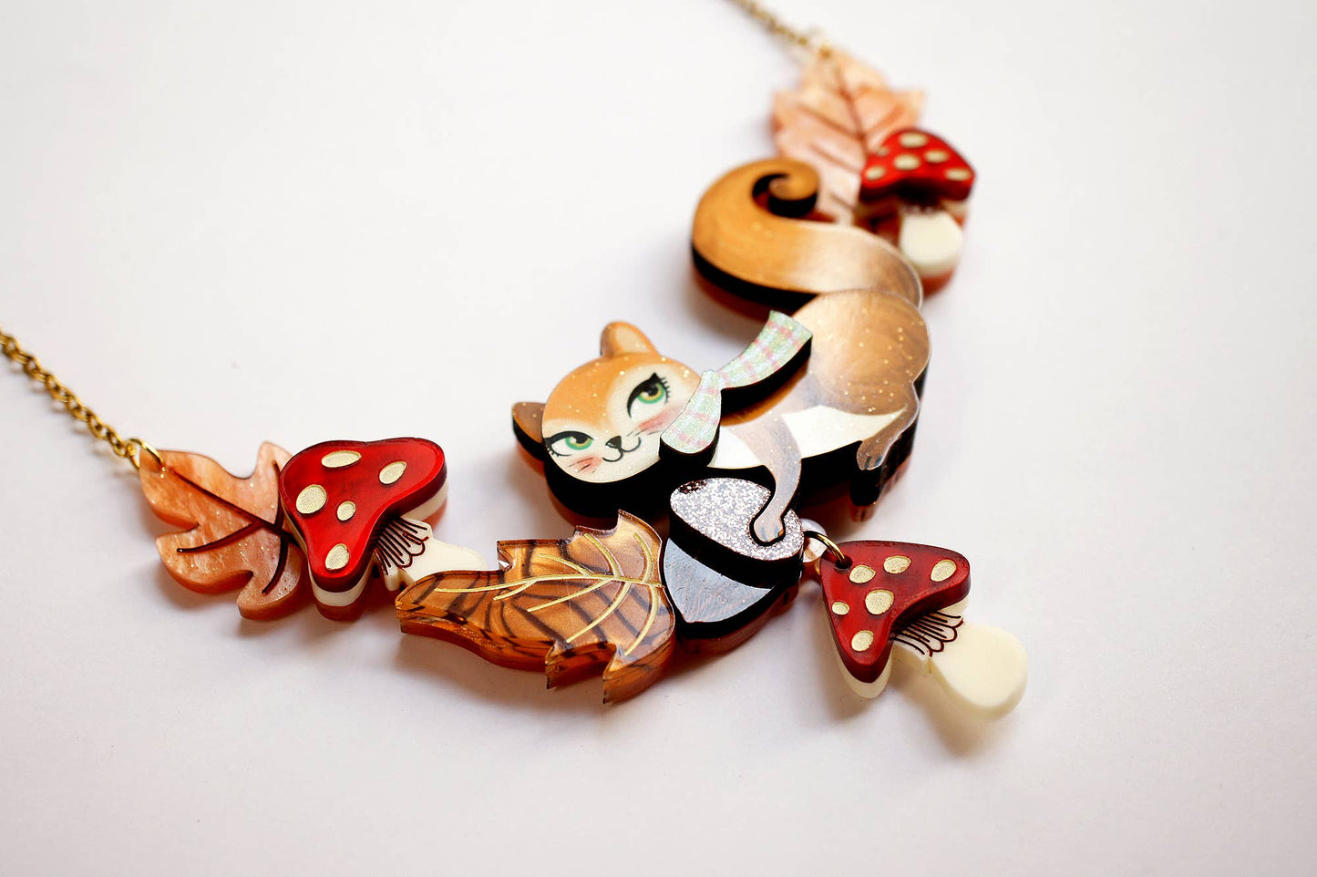 Squirrel Necklace with Mushrooms