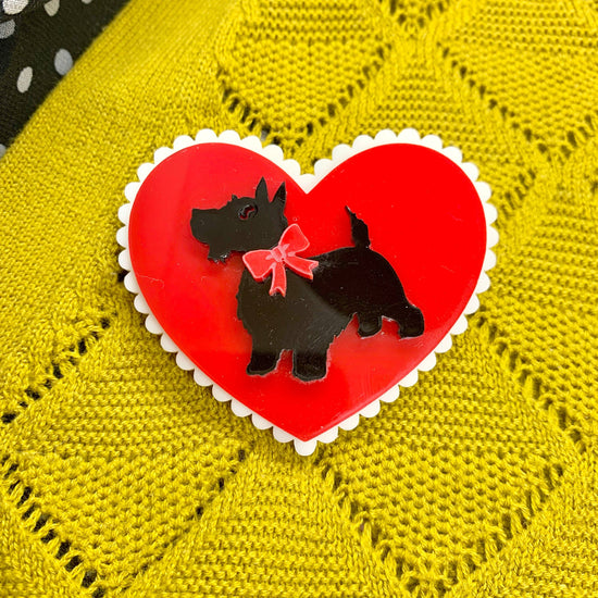 Scottie Dog Red Heart Brooch