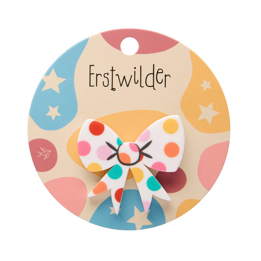 Polka Dot Bow Mini Brooch - White (on card backing)