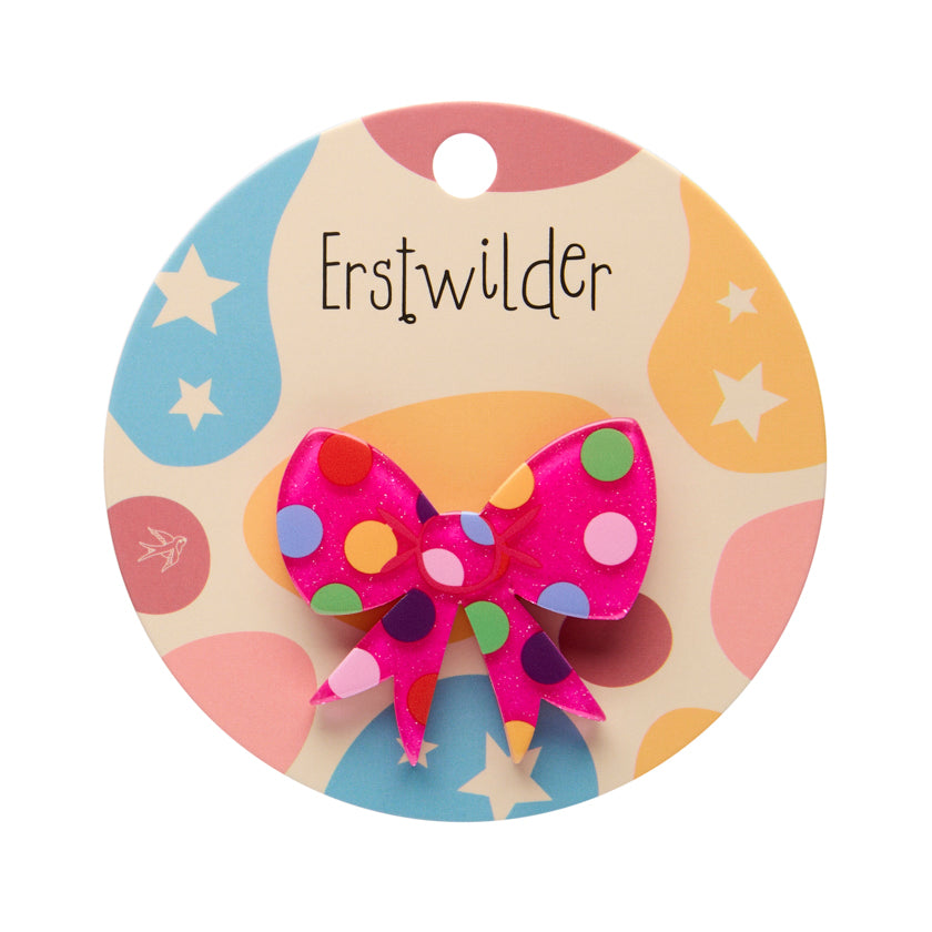 Polka Dot Bow Mini Brooch - PInk (on card backing)