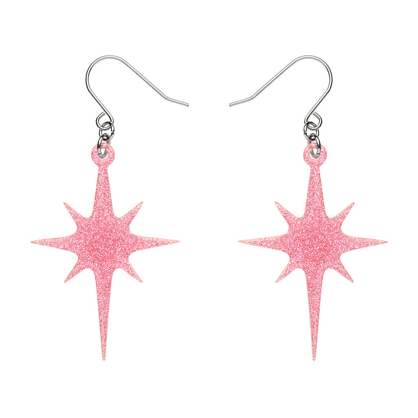 Atomic Star Glitter Drop Earrings Pink