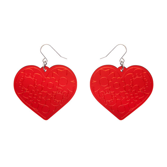 Love Heart Mirror Drop Earrings Red
