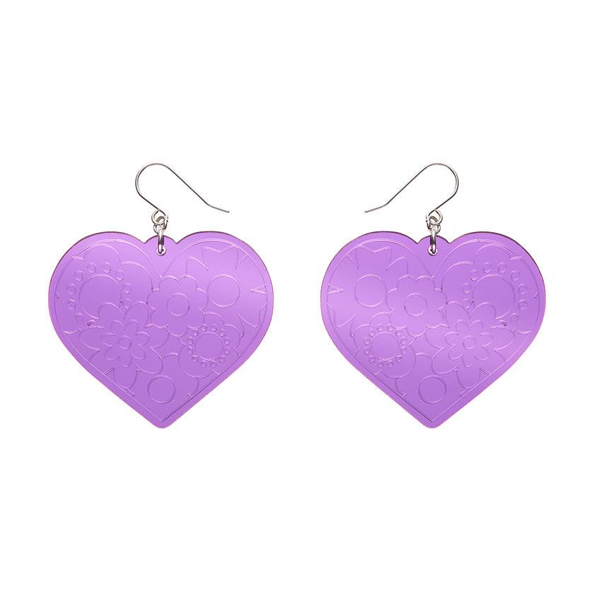 Love Heart Mirror Drop Earrings Purple SALE
