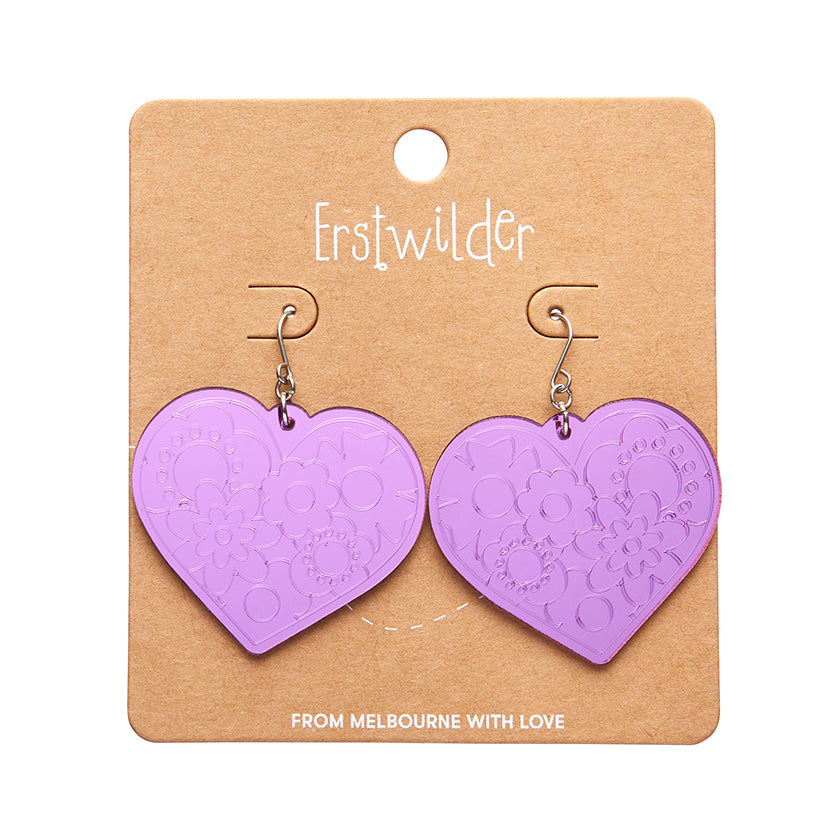 Love Heart Mirror Drop Earrings Purple SALE
