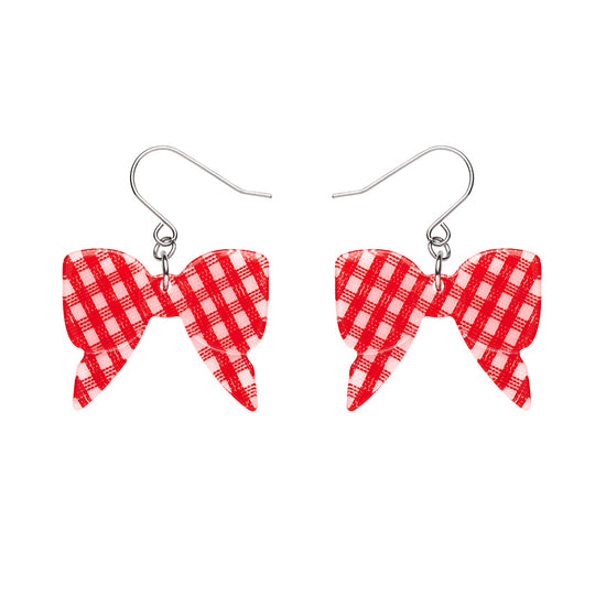 Red bow gingham drop earrings