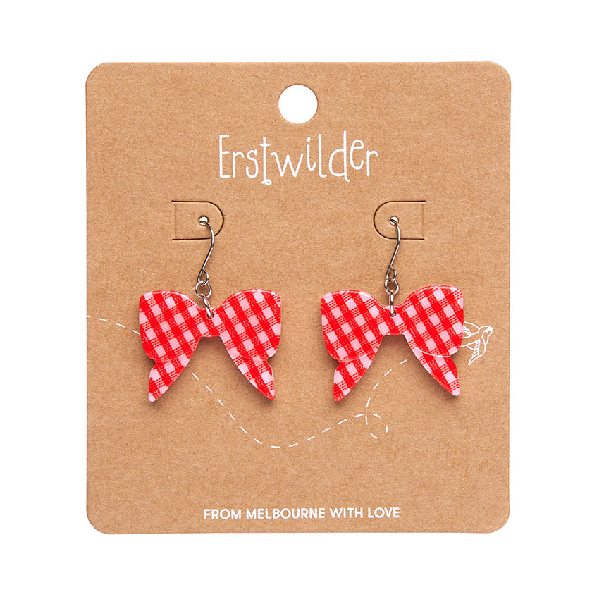 Red bow gingham drop earrings