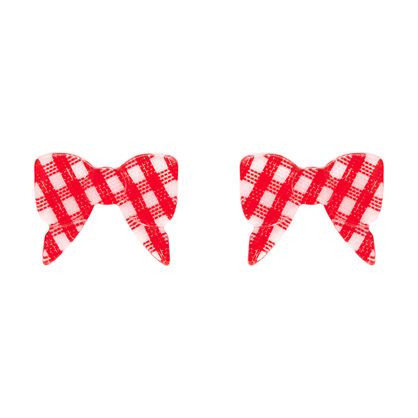 Red bow gingham stud earrings