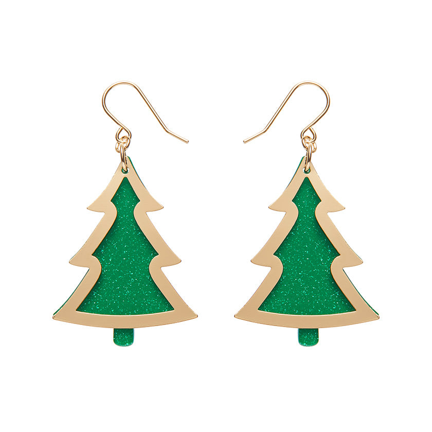 Green Tree Dangle Earrings - Gold