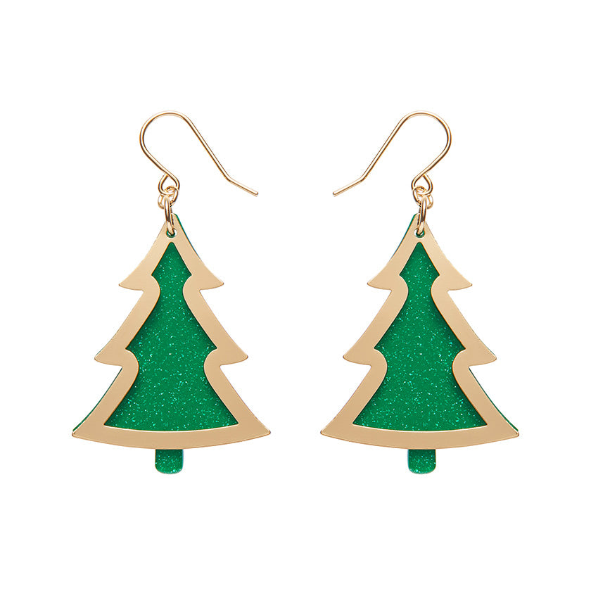 Green Tree Dangle Earrings - Gold