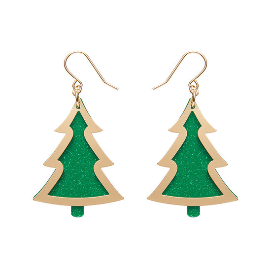 Green Tree Dangle Earrings - Gold