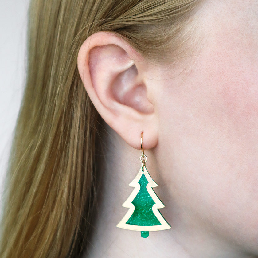 Green Tree Dangle Earrings - Gold