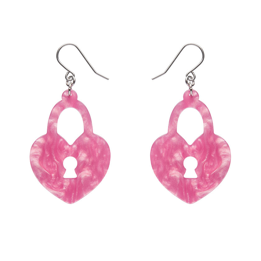 Heart Locket Ripple Drop Earrings - Pink