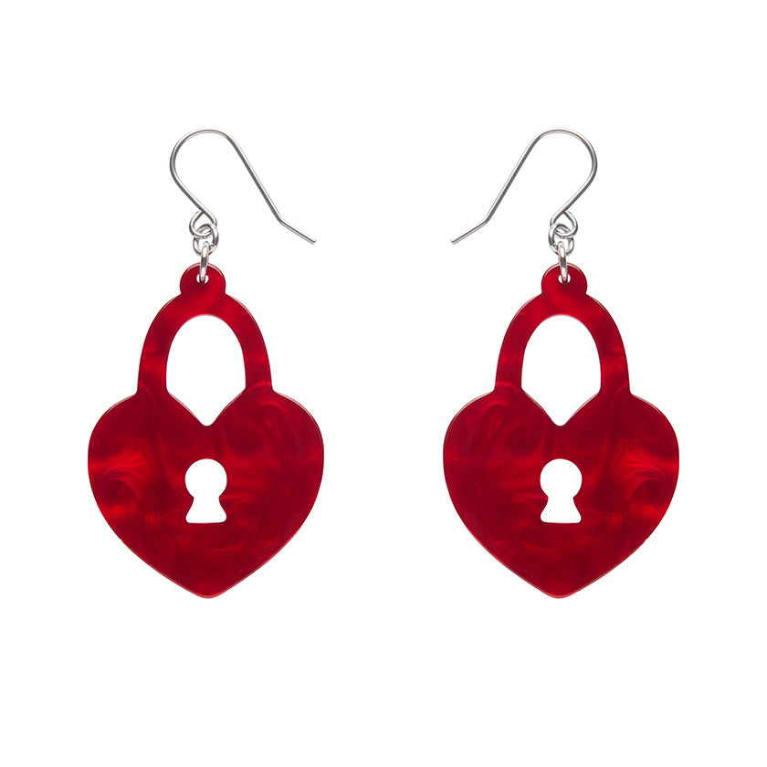 Heart Locket Ripple Drop Earrings - Red