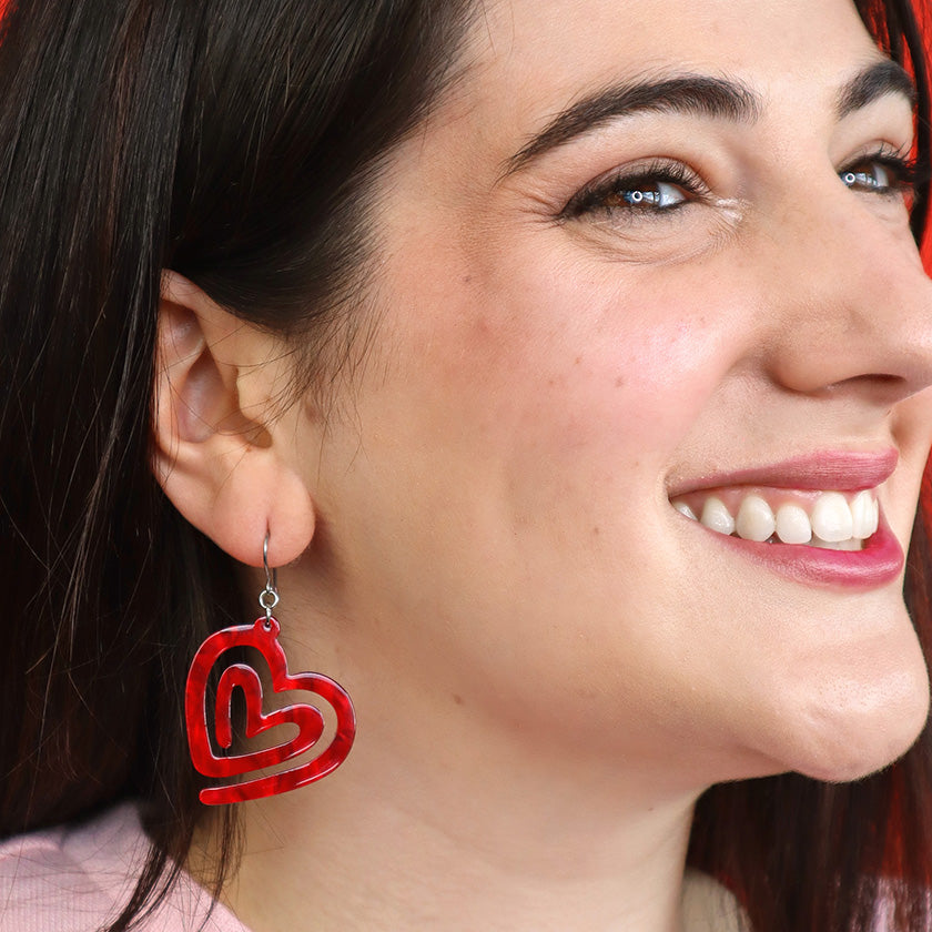 Heart Maze Ripple Drop Earrings- Red