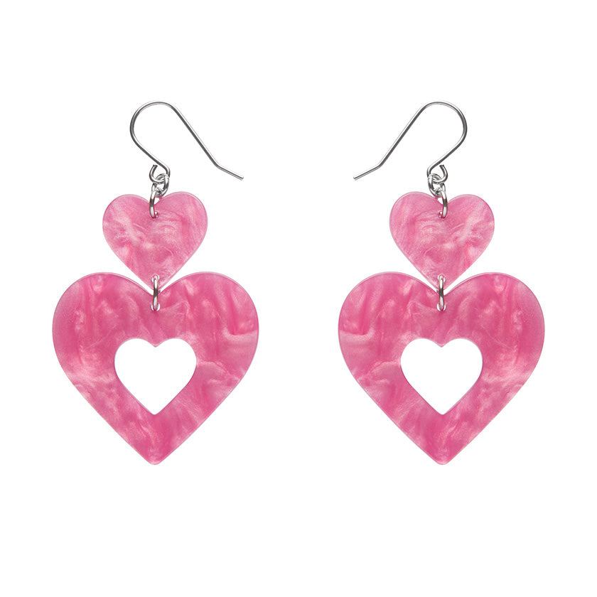 Double Heart Ripple Drop Earrings - Pink