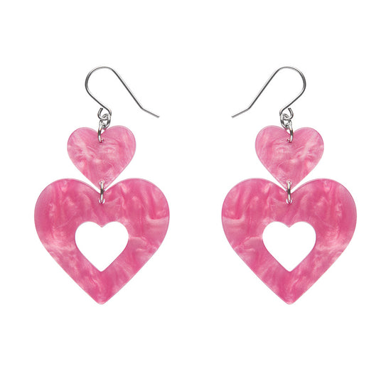 Double Heart Ripple Drop Earrings - Pink