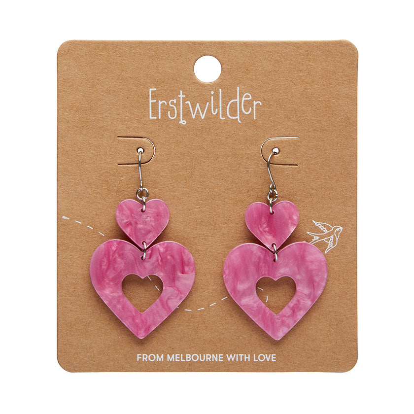 Double Heart Ripple Drop Earrings - Pink