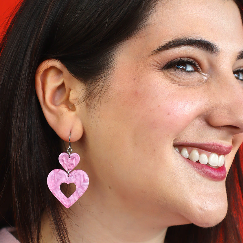 Double Heart Ripple Drop Earrings - Pink