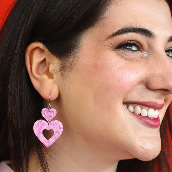 Double Heart Ripple Drop Earrings - Pink