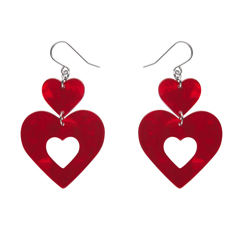 Double Heart Ripple Drop Earrings - Red