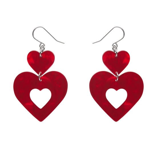 Double Heart Ripple Drop Earrings - Red