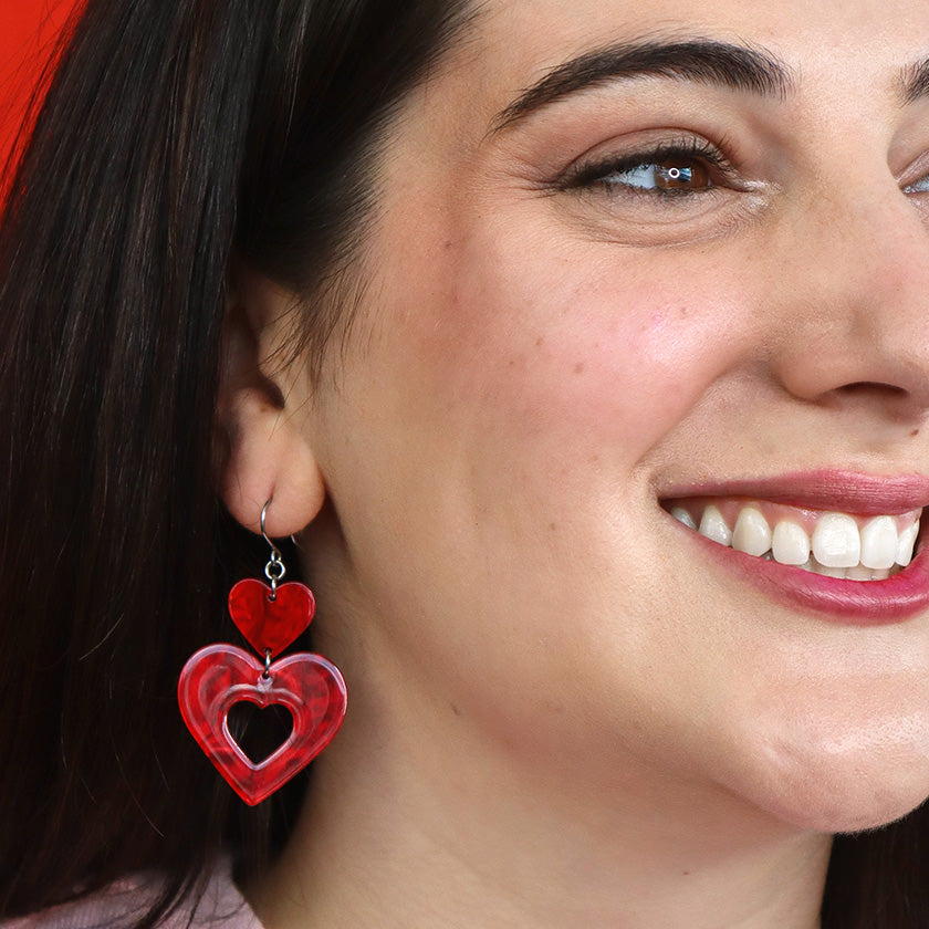 Double Heart Ripple Drop Earrings - Red
