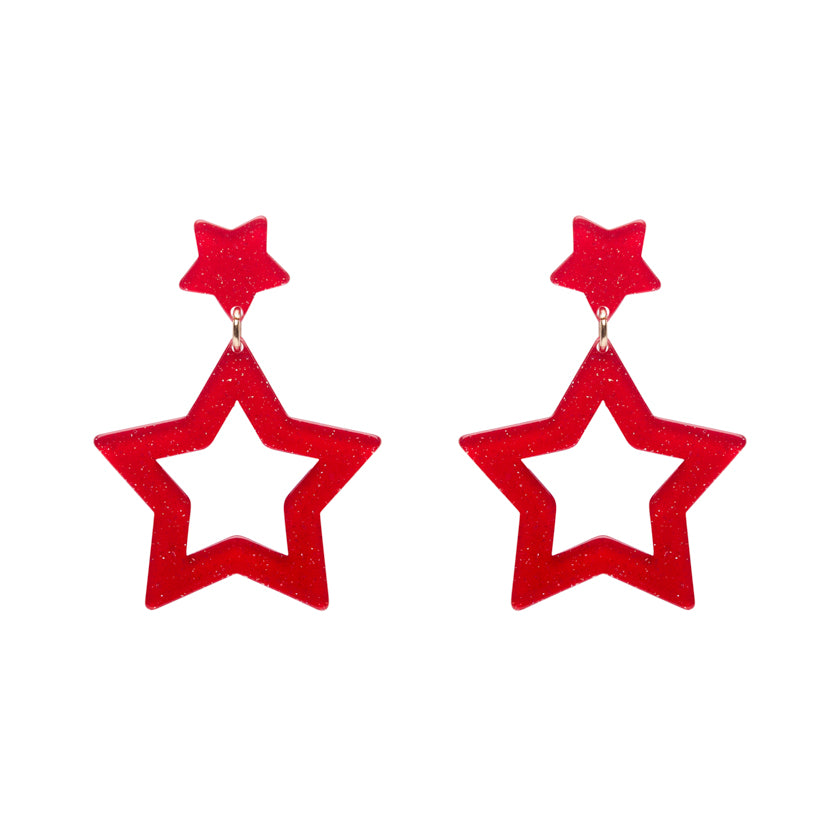 Double Star Drop Earrings - Red (sparkly)