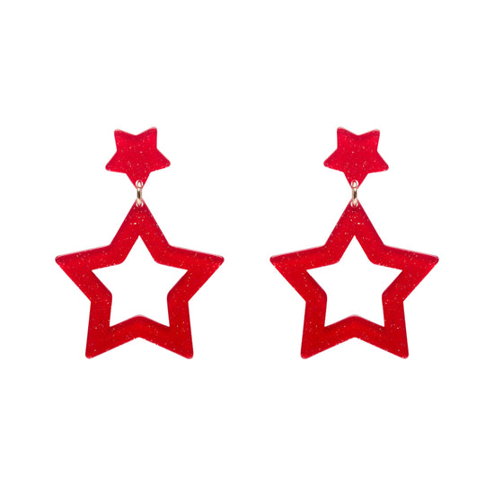 Double Star Drop Earrings - Red (sparkly)