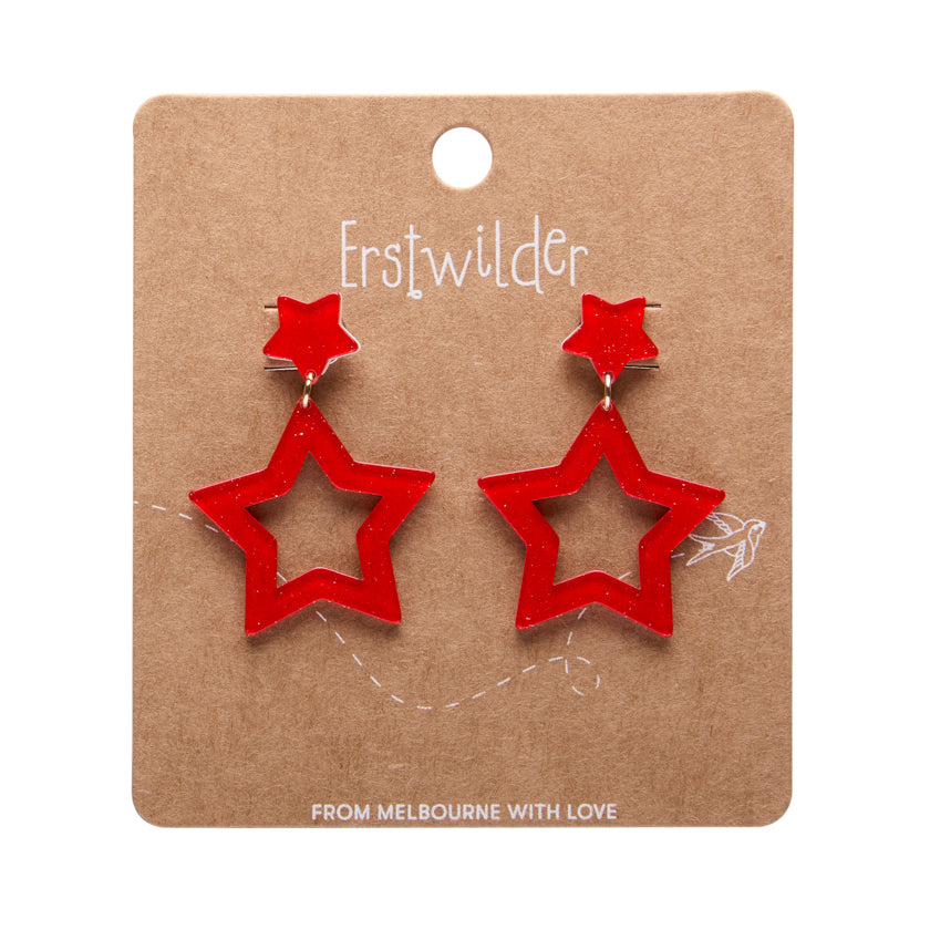 Double Star Drop Earrings - Red (sparkly)