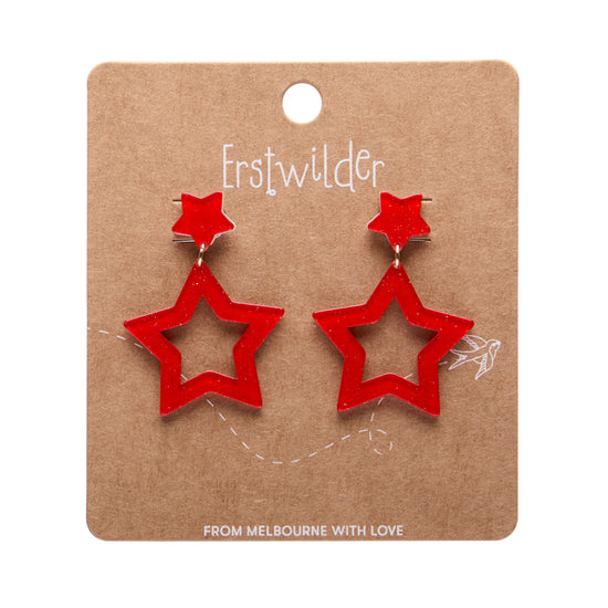 Double Star Drop Earrings - Red (sparkly)
