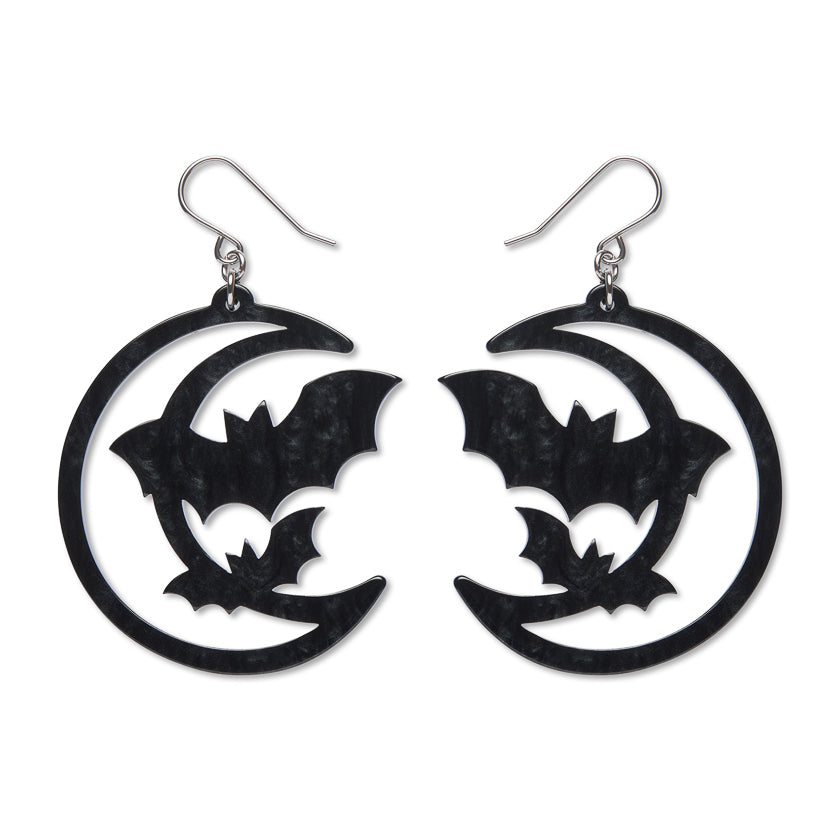 Moon and Bats Drop Earrings - black
