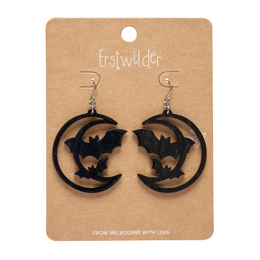 Moon and Bats Drop Earrings - black