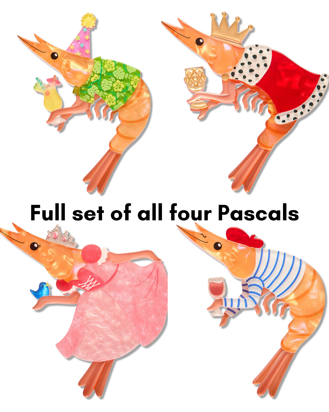 Pascal's Prawn Parade - FULL SET of 4 brooches