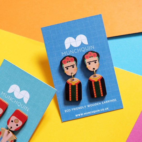 Wooden drop earrings inspired by Frida Kahlo