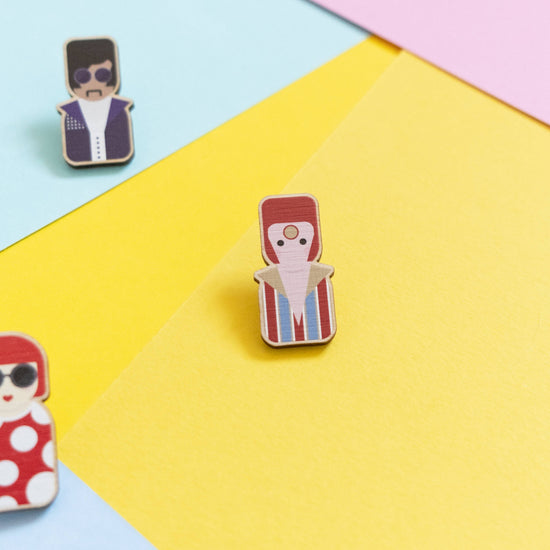 Bowie Ziggy Stardust inspired eco-friendly wooden pin badge