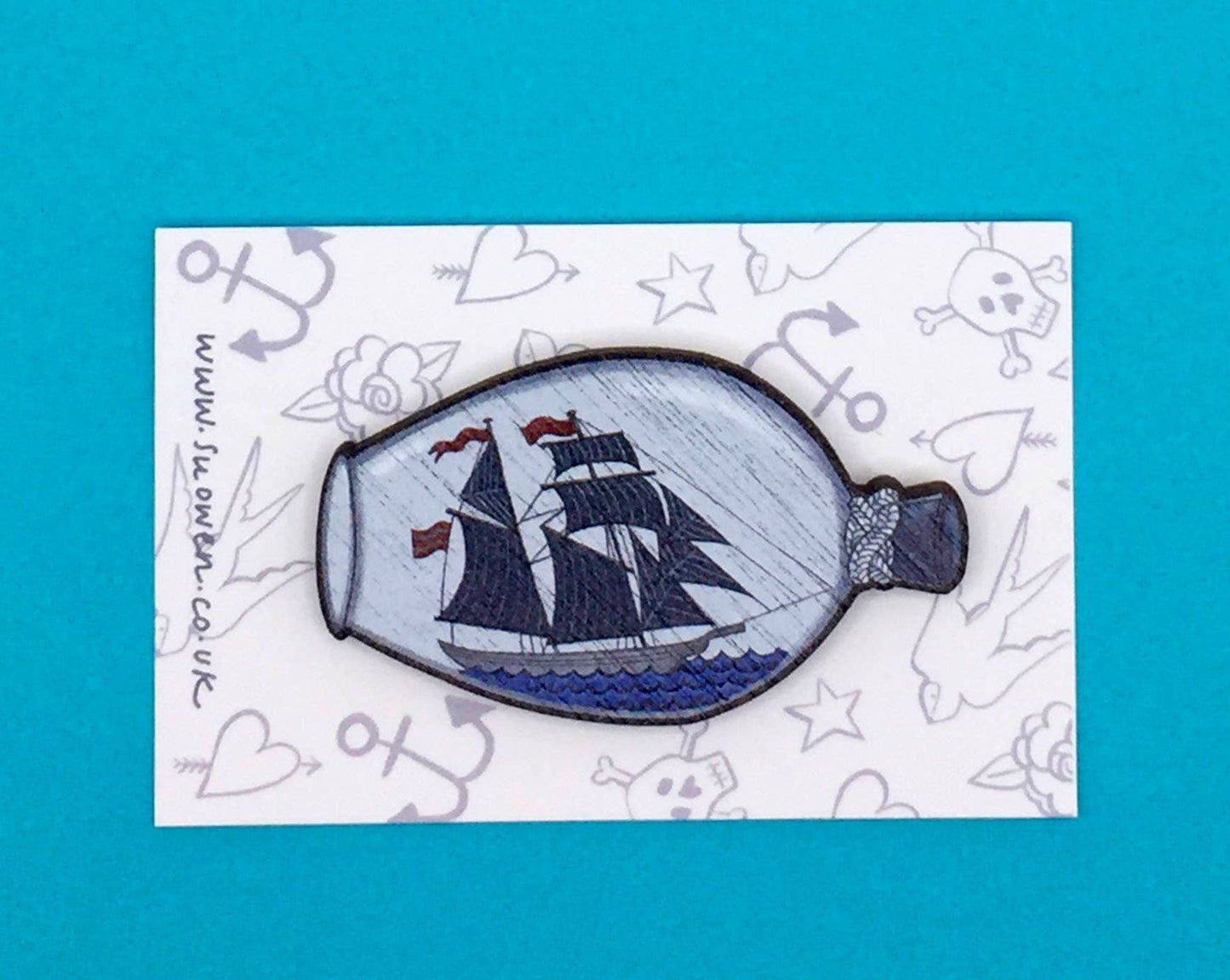 Ship in Bottle Wooden Pin Brooch / Nautical Pin Badge