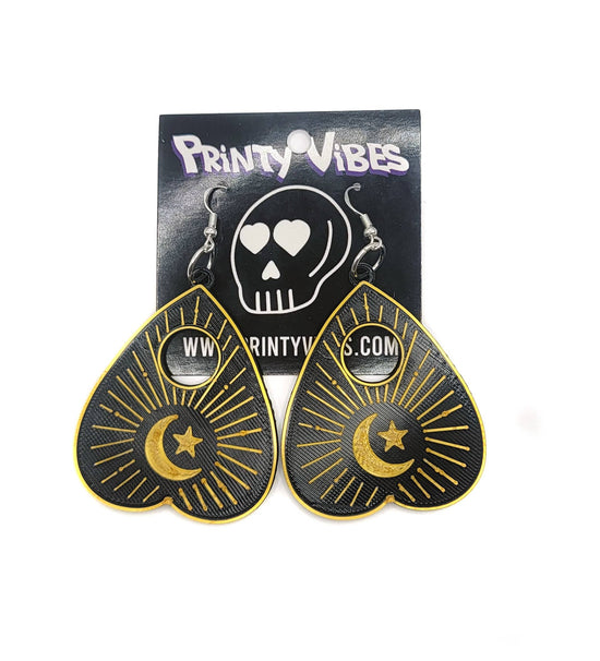 Ouija Planchette Black and Gold Earrings 3D Printed