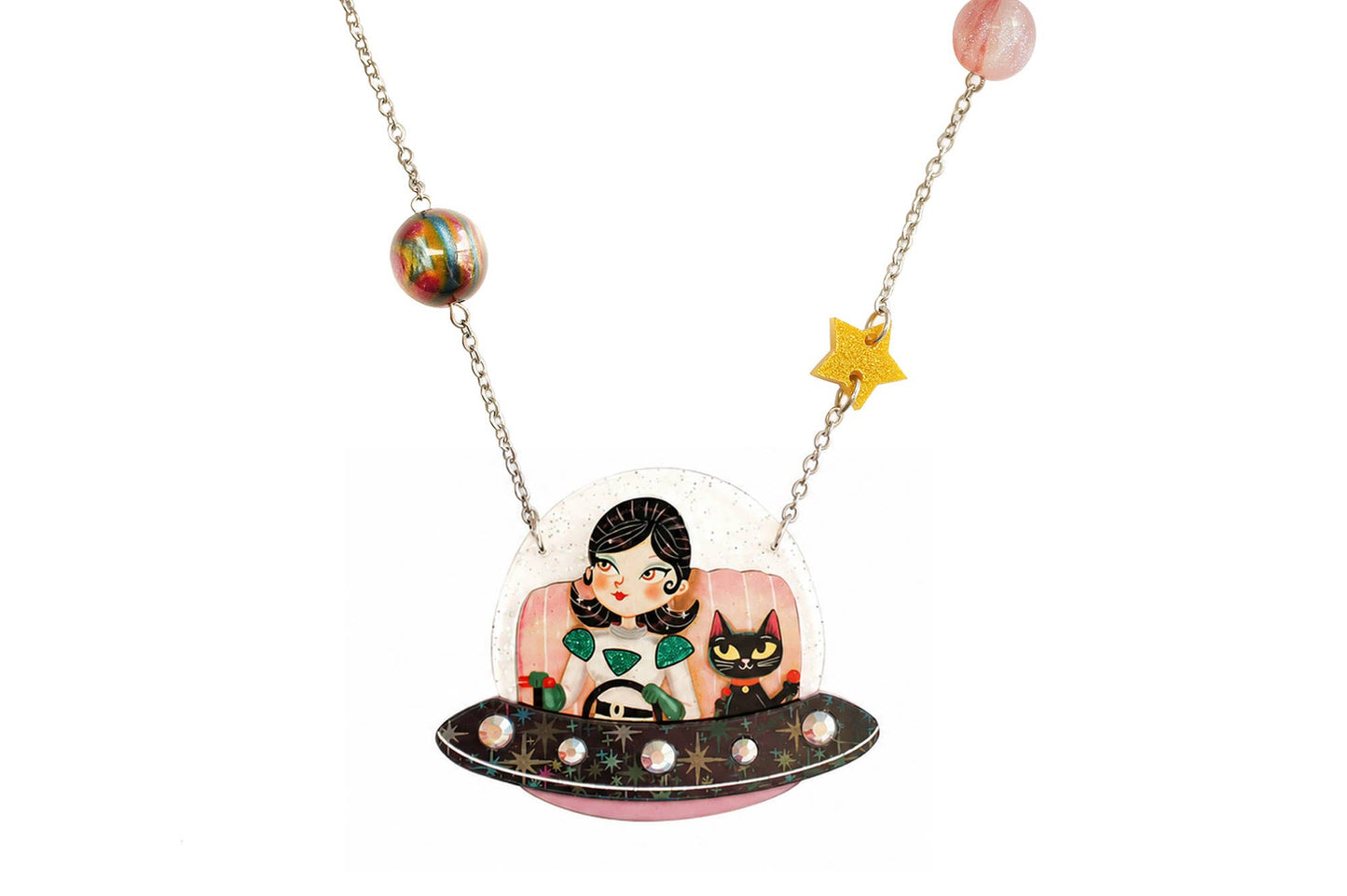 UFO Necklace with Girl and Space Cat