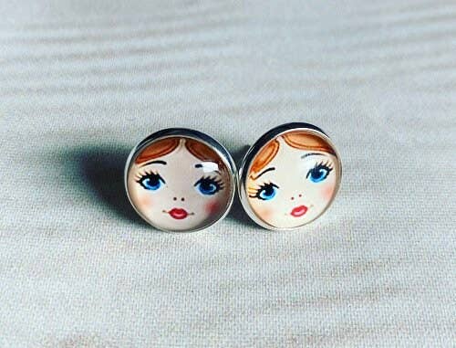 Doll Face Earrings glass silver plated 3 hair colours